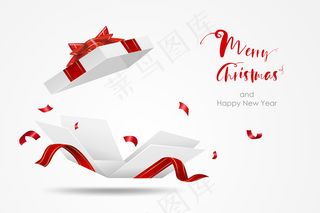 红色丝带白色惊喜礼盒。打开礼品盒隔离。圣诞快乐，新年快乐。