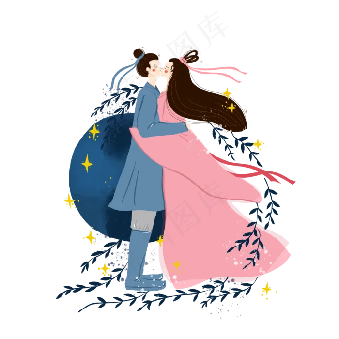 七夕情人节蓝色系牛郎织女拥抱手(3500X3500(DPI:500))psd模版下载