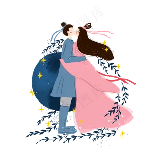 七夕情人节蓝色系牛郎织女拥抱手
