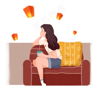 中秋节手绘女孩赏灯素材