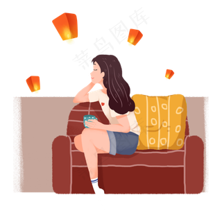 中秋节手绘女孩赏灯素材