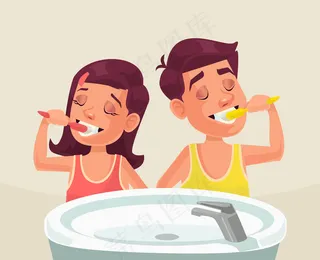 女孩和男孩刷牙。