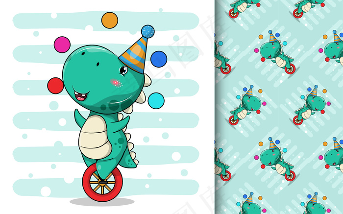 骑独轮车的可爱恐龙卡通