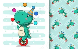 骑独轮车的可爱恐龙卡通