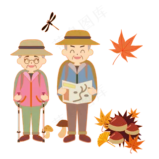 秋天落叶登高男女卡通手绘素材