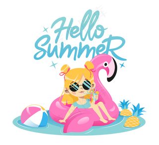 暑假概念。时尚的年轻女孩正在游泳池里喝着粉红色的火烈鸟鸡尾酒。戴着迷人太阳镜的可爱时髦女性角色。