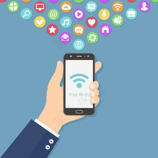 手持智能手机，屏幕上有免费wi-fi标志