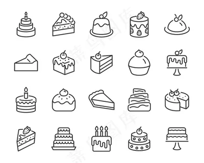 面包店图标集，如蛋糕，蛋糕块，奶酪蛋糕，巧克力蛋糕，婚礼蛋糕
