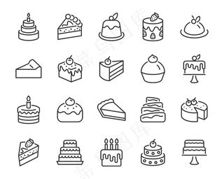 面包店图标集，如蛋糕，蛋糕块，奶酪蛋糕，巧克力蛋糕，婚礼蛋糕