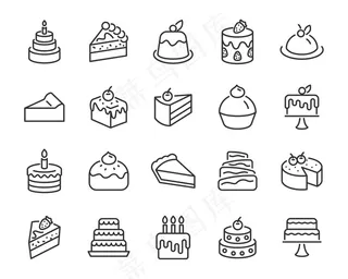 面包店图标集，如蛋糕，蛋糕块，奶酪蛋糕，巧克力蛋糕，婚礼蛋糕