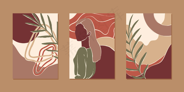 为手机app移动应用程序和社交媒体内容设置抽象垂直背景，采用现代大地色彩、简约风格的女性肖像、植物和抽象形状。