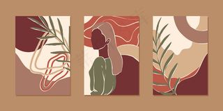 为手机app移动应用程序和社交媒体内容设置抽象垂直背景，采用现代大地色彩、简约风格的女性肖像、植物和抽象形状。