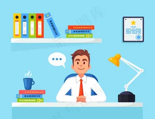 在办公桌旁工作的商人。