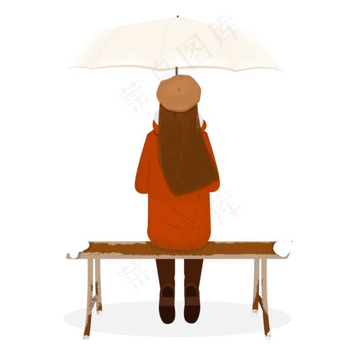 手绘治愈系冬季女孩撑伞坐在长椅(2000X2000(DPI:300))psd模版下载