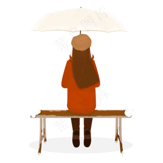 手绘治愈系冬季女孩撑伞坐在长椅