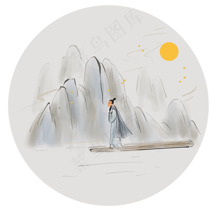 竹筏上赏月的古代人(2000X2000(DPI:300))psd模版下载