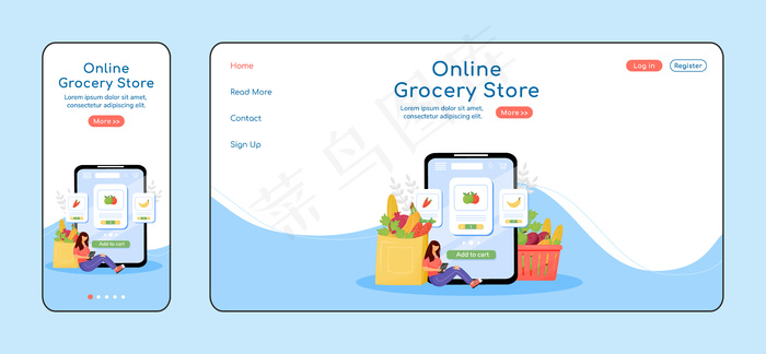 在线杂货店自适应登陆页平面颜色模板。互联网订单移动和pc主页布局。新鲜绿色单页网站用户界面。果蔬网页跨平台设计。