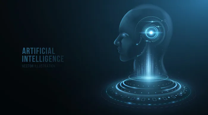 一个半机械人的数字全息脸，头上有 hud 元素。人工智能概念。现代技术背景。未来派人形。矢量图eps,ai矢量模版下载