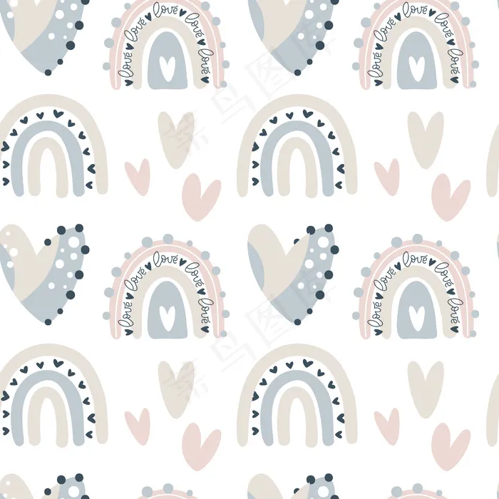 儿童手绘无缝图案与彩色粉彩彩虹和心eps,ai矢量模版下载