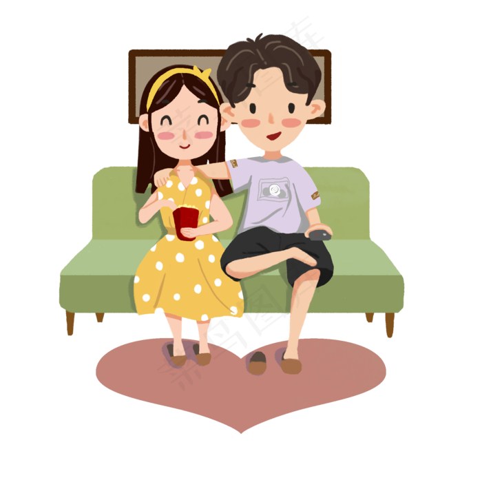 七夕情人节情侣卡通人物看电视插