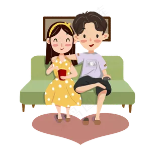 七夕情人节情侣卡通人物看电视插