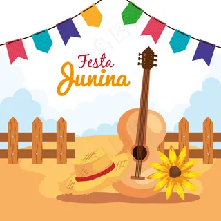 带吉他和装饰的junina节，巴西六月节，庆典装饰