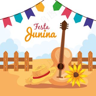 带吉他和装饰的junina节，巴西六月节，庆典装饰