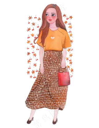 手绘水彩初秋少女枫叶女孩秋季穿