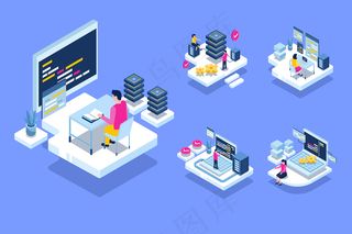 权威机构在数据中心机房托管服务器电脑，为企业提供信息服务，等轴测概念图