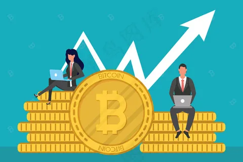 使用笔记本电脑坐在比特币上的商务夫妇，带有向上箭头的插图