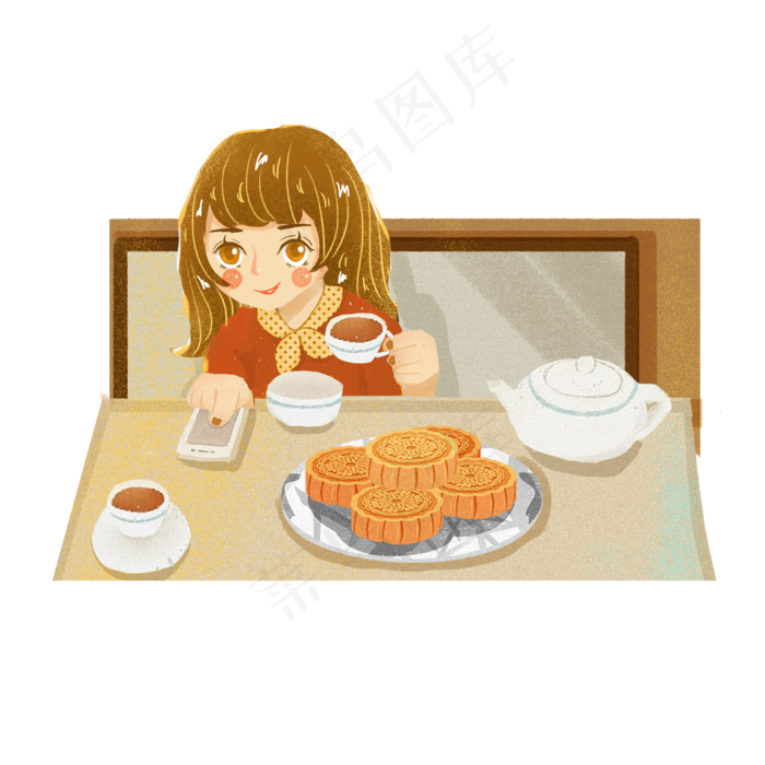 中秋吃月饼喝茶女孩png素材(2000X2000(DPI:300))psd模版下载