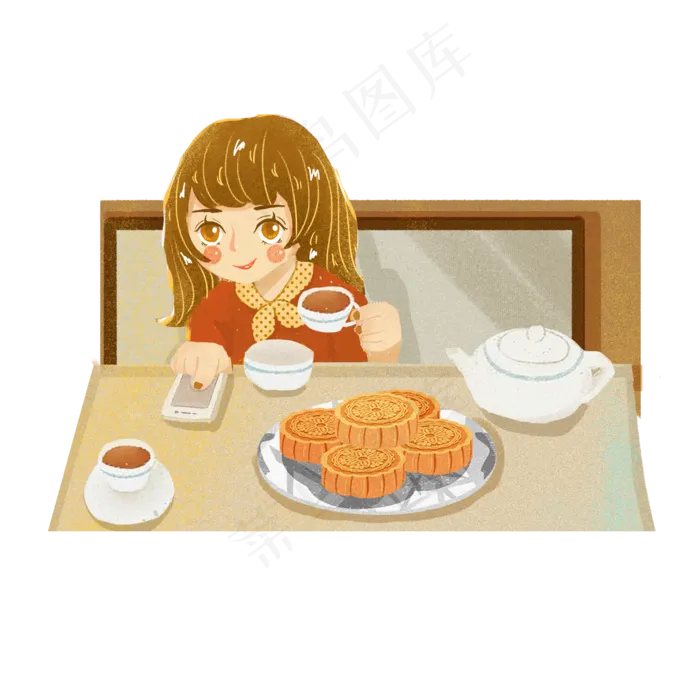 中秋吃月饼喝茶女孩png素材(2000X2000(DPI:300))psd模版下载