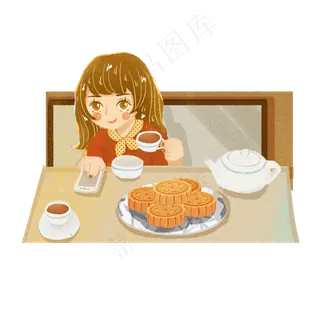 中秋吃月饼喝茶女孩png素材