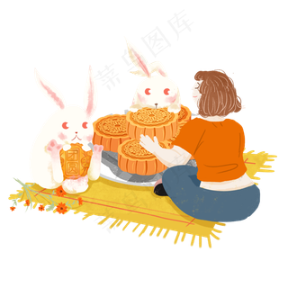 兔子中秋吃月饼女孩png素材