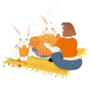 兔子中秋吃月饼女孩png素材