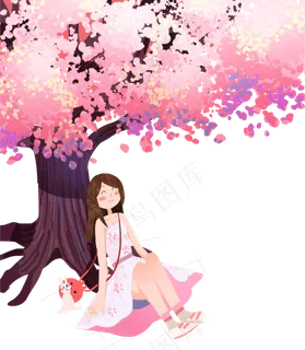 情人节七夕粉色樱花树下女孩