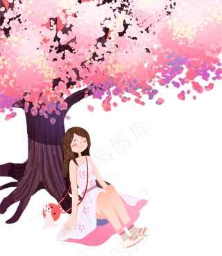 情人节七夕粉色樱花树下女孩