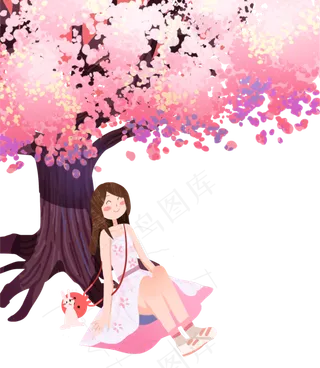 情人节七夕粉色樱花树下女孩