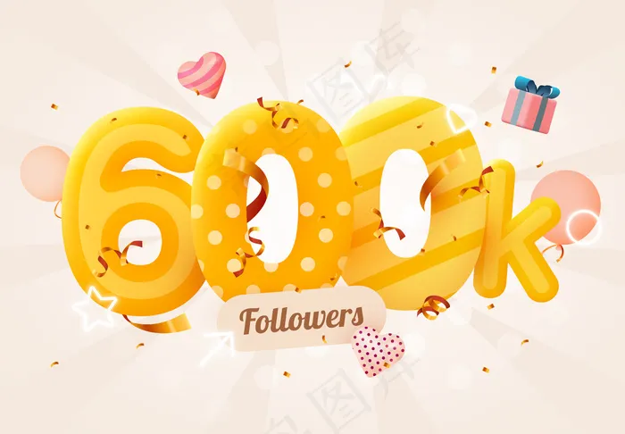 600k或600000粉丝感谢你粉色的心，金色的五彩纸屑和霓虹灯。eps,ai矢量模版下载