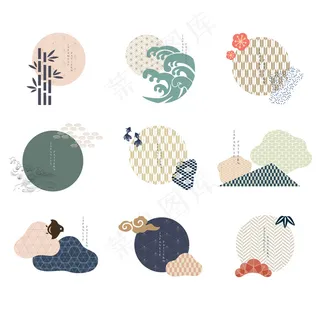 一组几何现代图形元素。带有日本图案的亚洲图标。