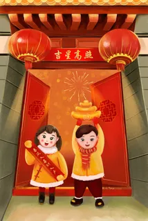 男孩女孩过新年春节烟花炮竹 男孩女孩过新年春节烟花炮竹