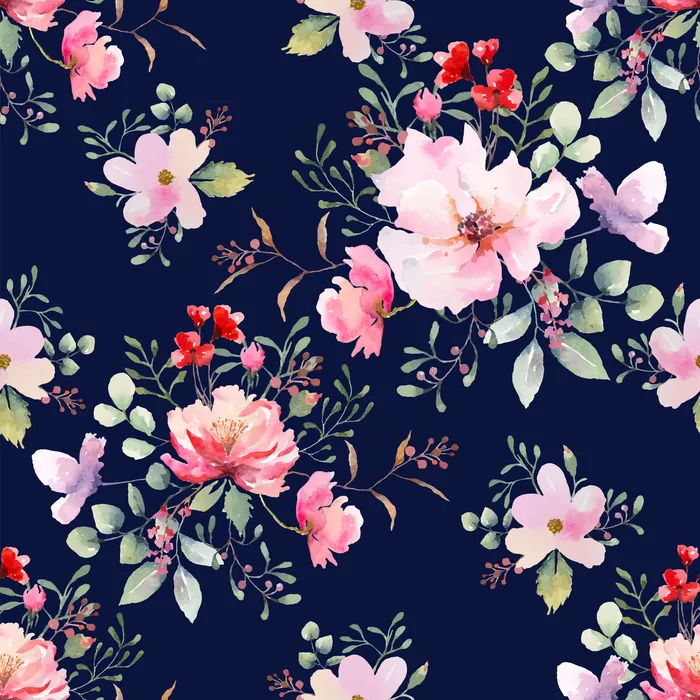 玫瑰花无缝图案深蓝色背景。水彩画插图。eps,ai矢量模版下载