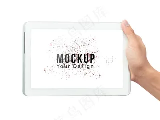 带空白屏幕模型样机模板的男性手持白色平板电脑