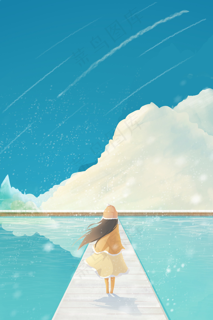 冬日异国海边旅行女孩唯美插画风海报