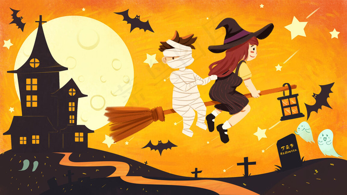 万圣节万圣夜女巫魔法蝙蝠夜晚墓地派对(2880*1620px 300 dpi )psd模版下载