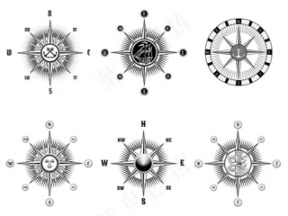 在白色背景上绘制黑色线条的一组老式航海或航海罗盘图标。