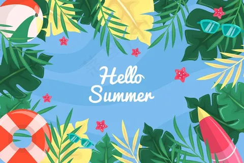 你好夏天的水和树叶背景