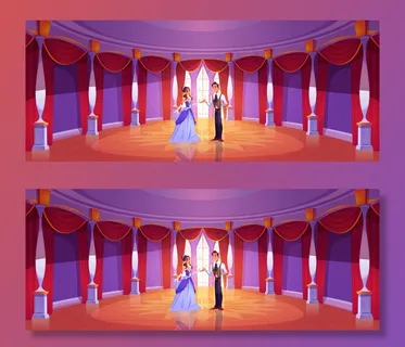 王子和公主在皇家城堡舞厅。巴洛克宫殿圆形舞厅的卡通背景，有柱子、高窗和红色窗帘。
