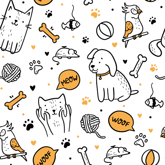 涂鸦风格的宠物猫和狗的无缝图案eps,ai矢量模版下载