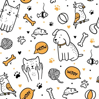 涂鸦风格的宠物猫和狗的无缝图案 涂鸦风格的宠物猫和狗的无缝图案
